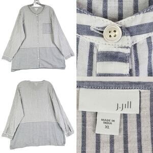 J Jill Shirt Popover Womens Size XL Tunic Top Boxy Blue White Striped Cotton